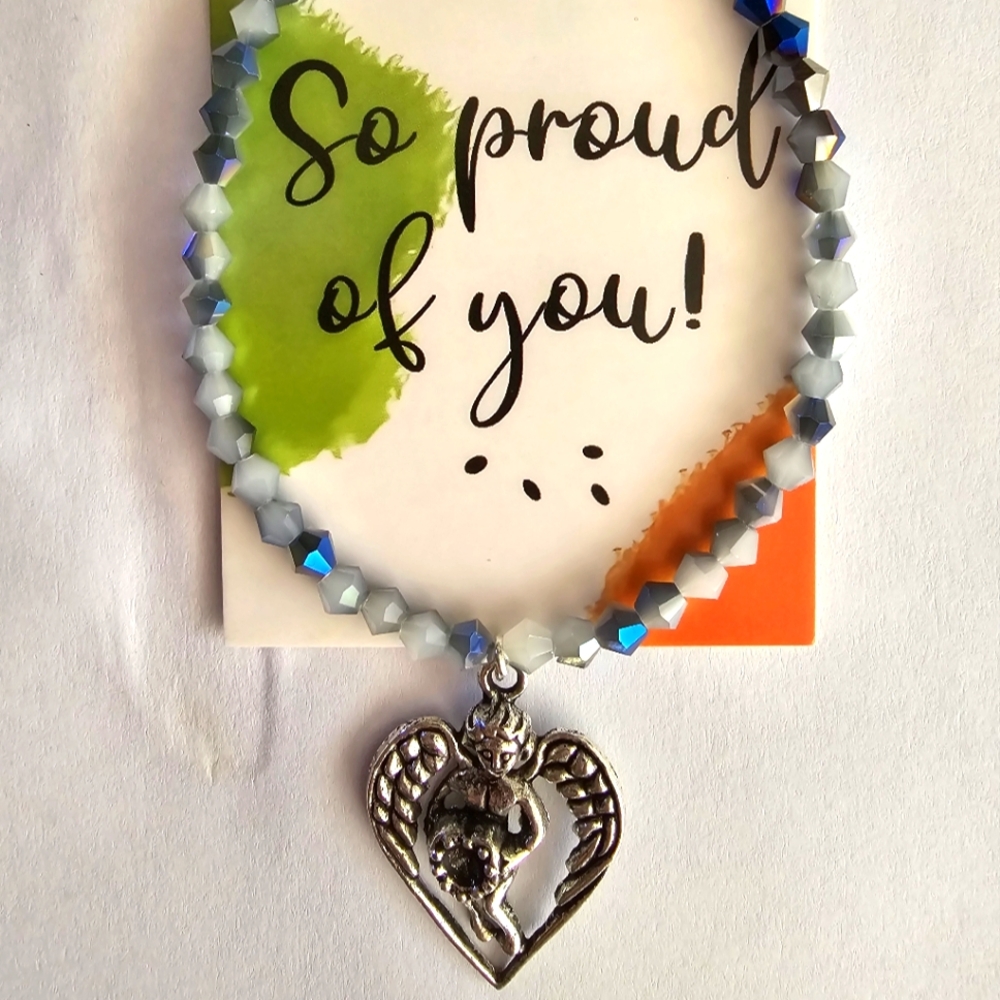 "I AM SO PROUD OF YOU " INSPIRATIONAL CARD ,&HEART CHARM SWAROVSKI BEAD BRACELET